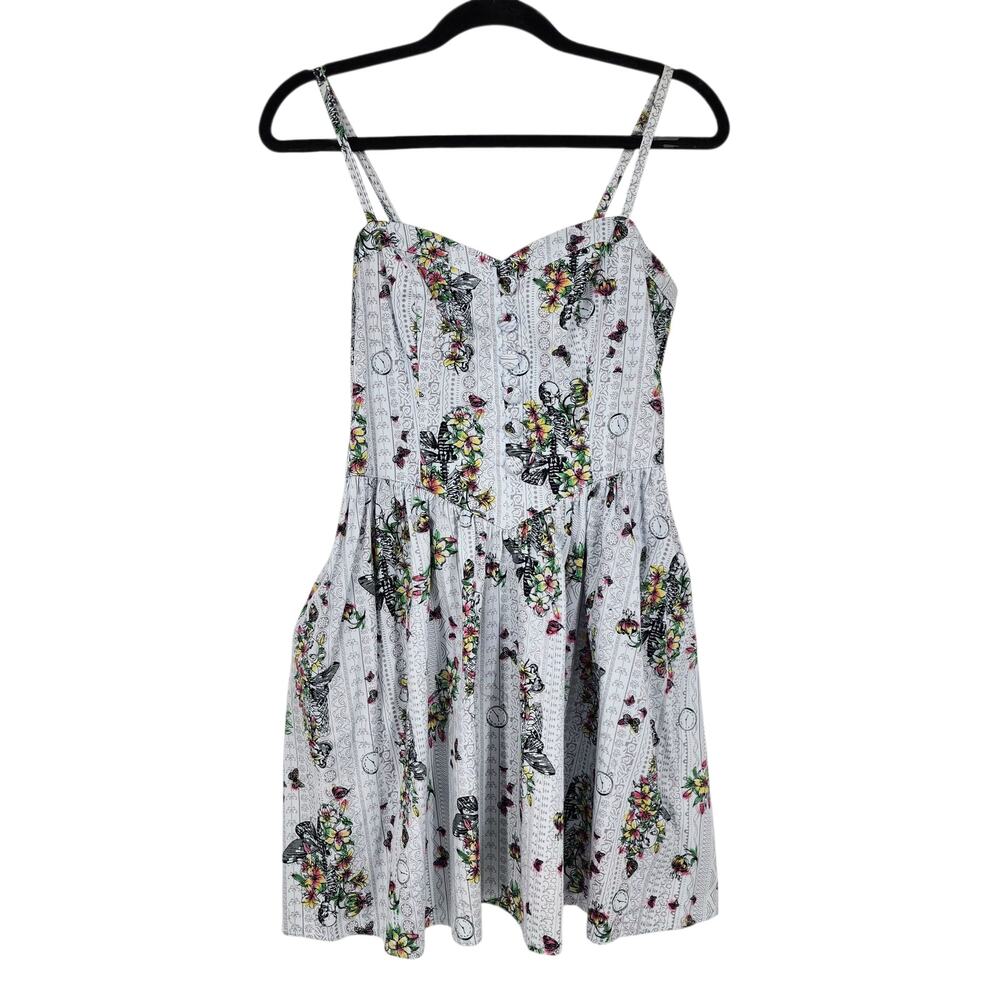 Hell Bunny Elaine White Skeleton Floral Mix Print Basque Waist Mini Dress Size M